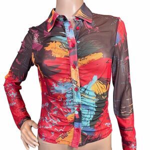 Abstract Y2K Art to Wear Colorful Vibrant Artsy Ruched Button Up Blouse Women XS